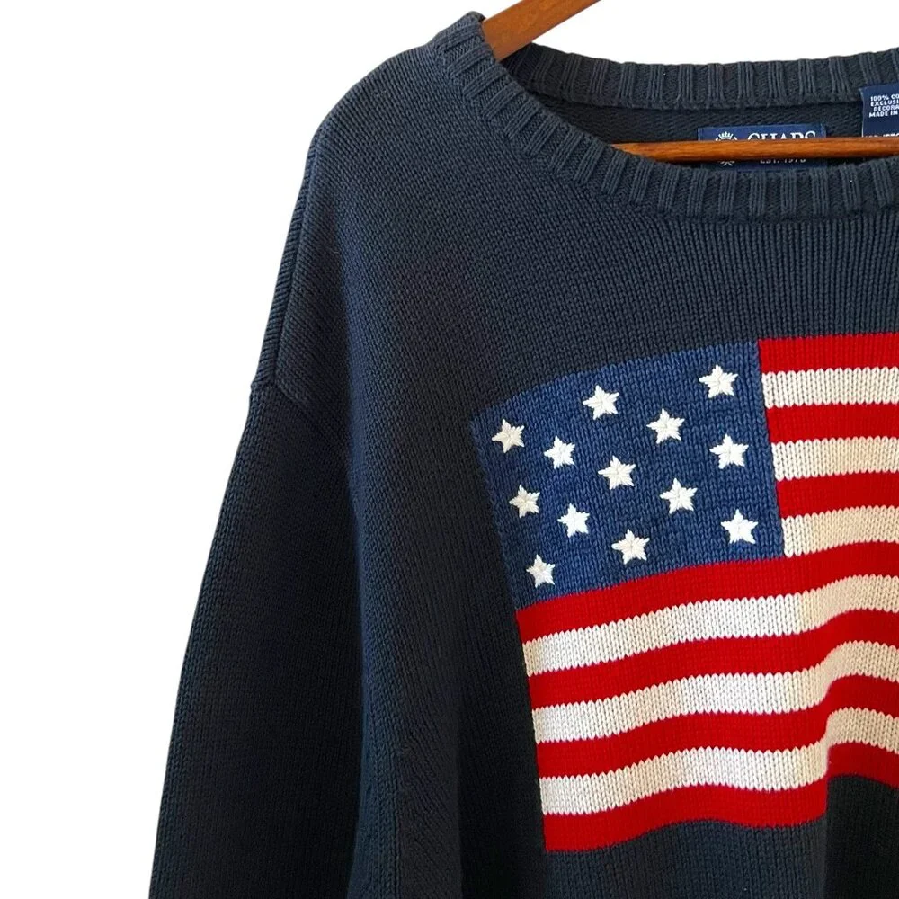 Chaps Navy Crewneck Sweater with American Flag - Picture 3 of 11